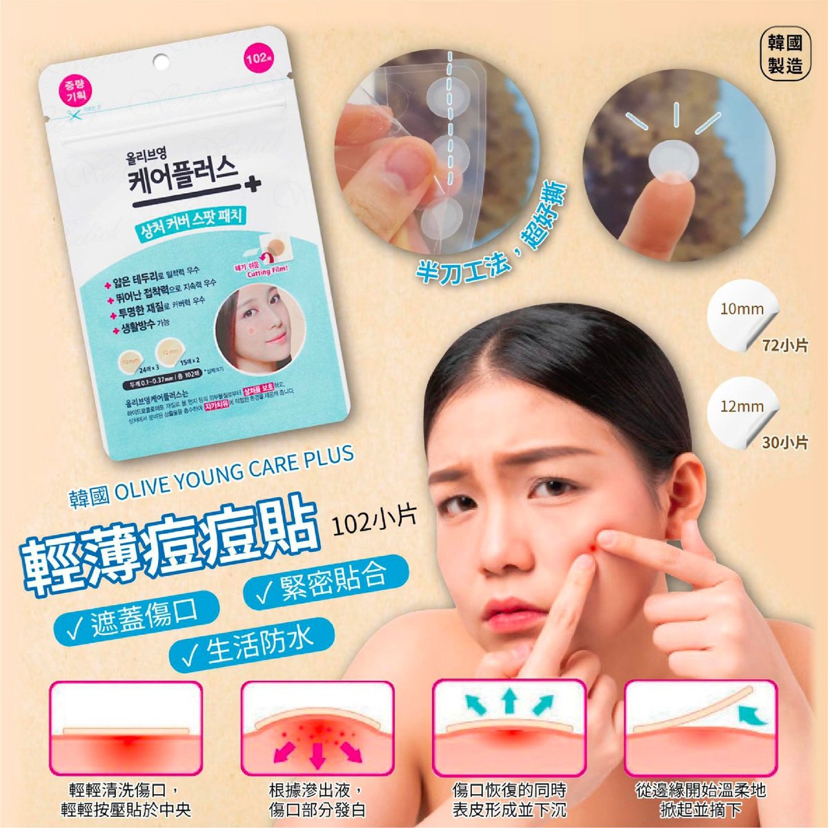 韓國製造 OLIVE YOUNG CARE PLUS 輕薄痘痘貼 102小片/包 (藍色)
